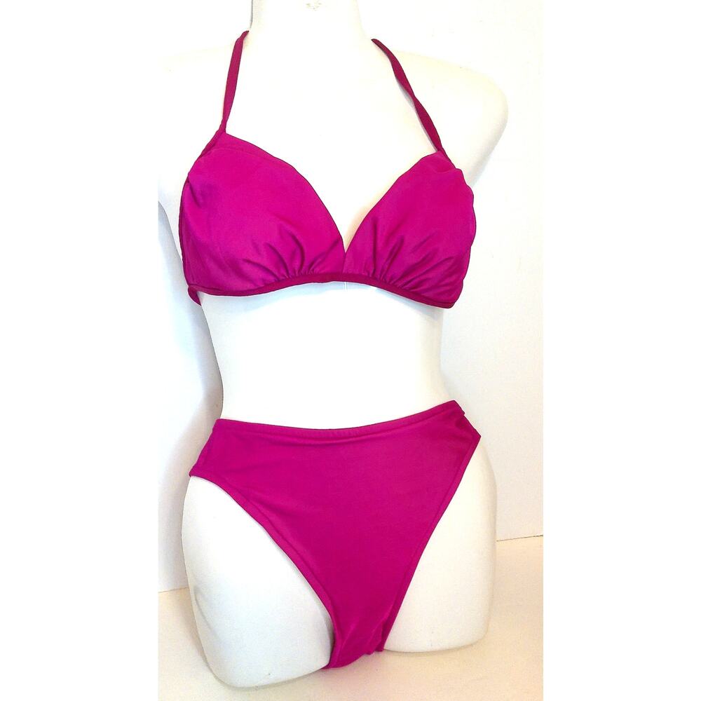 Vintage 80s 90s Hot Pink Bikini High Cut Leg 2 Piece Swimsuit Retro Small
